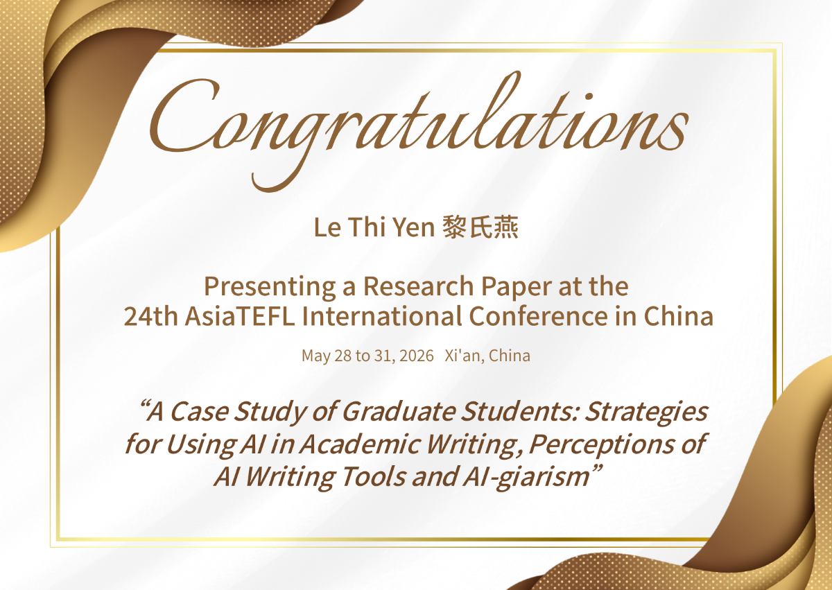 Congratulations to Le Thi Yen on Presenting at the 24th AsiaTEFL International Conference